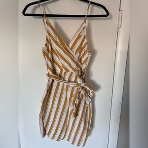 Yellow and White Striped Sleeveless Mini Dress - Medium